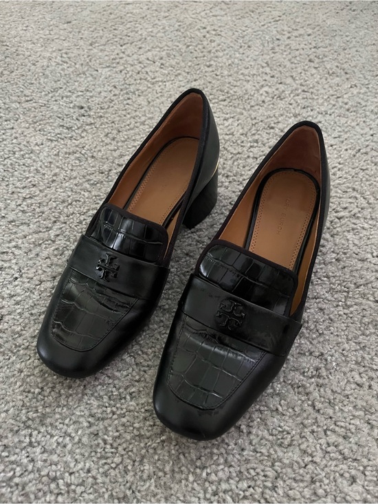Tory Burch Shoes - Tory Burch Black Croc-Embossed Leather Loafers with Block Heel